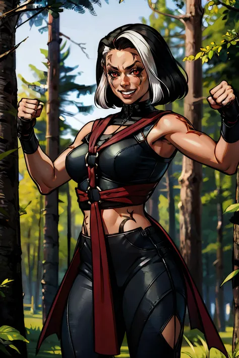 sareenamk1,black sclera, facial mark, red eyes, black hair, white hair, multicolored hair,shoulder tattoo, black crop top,o-ring, midriff, black pants, gloves, sash, looking at viewer,serious, grin, fighting pose, medium shot, outside, forest, trees, natural lighting, high quality, masterpiece, <lora:sareenamk1:.8>