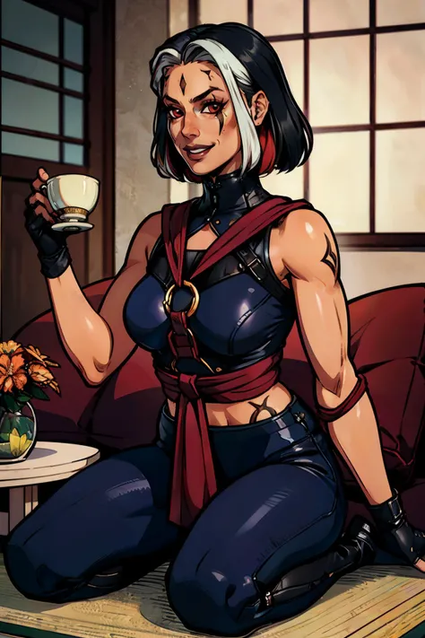 sareenamk1,black sclera, facial mark, red eyes, black hair, white hair, multicolored hair,shoulder tattoo, black crop top,o-ring, midriff, black pants, gloves, sash, looking at viewer,serious, smiling, sitting, kneeling, holding tea cup, inside japanese living room, sunny, high quality, masterpiece, <lora:sareenamk1:.8>