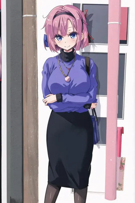 <lora:momigi:0.9>momigi,mochizuki_momiji,
, blue_eyes, pink_hair ,short_hair,straight_hair,black_hair_ribbon_Left_side,black_turtleneck_sweater,pencil_skirt,full body,standing,smile
solo,1girl