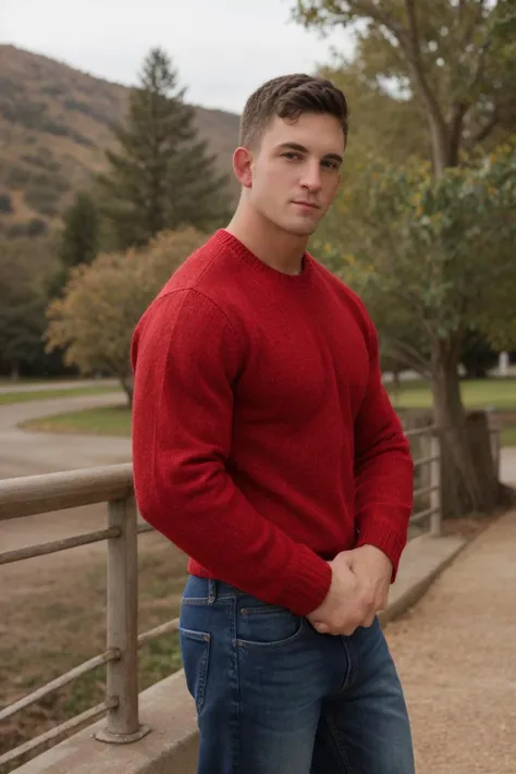 photo of man sc_joey standing wearing red sweater and jeans <lora:SC_Joey-07:1>, rolled up sleeves, goofy