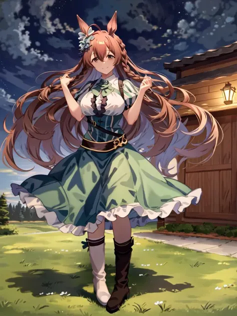 <lora:mejiro_bright-000001:1>, mejiro_bright_(umamusume), 1girl, solo, umamusume, horse girl, horse ears, horse tail, brown eyes, brown hair, long hair, light smile, ear bow, frilled skirt, green skirt, high-waist skirt, puffy short sleeves, hands up, happy, smile, night sky, full body, legs, boots