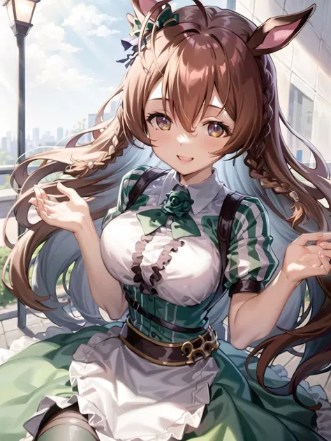 <lora:mejiro_bright-000001:1>, 1girl, cute, solo, umamusume, horse girl, horse ears, horse tail, brown eyes, brown hair, long hair, light smile, ear bow, frilled skirt, maid outfit, maid, green skirt, high-waist skirt, puffy short sleeves, thin, slender, (japanese:0.8), city, street, crowd, cars, people, tokyo, akiba, akihabara, photographer, dynamic angle, camera, cosplayer, small lips, small mouth, happy, (smile:0.7), 18yo
