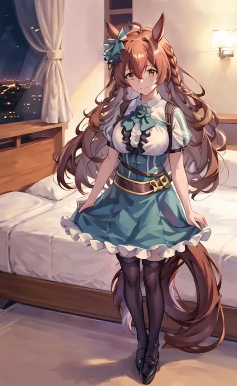 <lora:mejiro_bright-000001:1>, Umamusume, Horse_ears, Horse_tail, brown_eyes, brown_hair, Long_hair, Light_smile, Ear_bow, Frilled, full body, 1girl, looking at viewer, medium hair, night, red bow, solo, (masterpiece:1.4),(best quality:1.4)