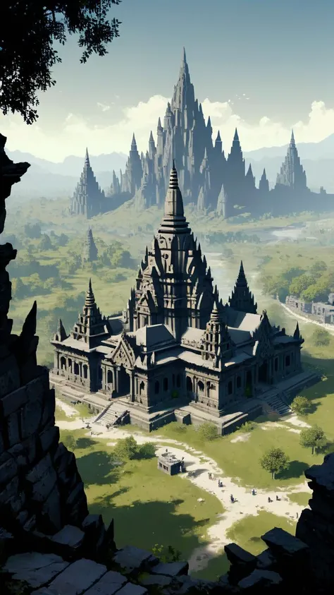 dosvga style, One Color, Prambanan from inside of The Himalayas, it is Ancient and Desolate, Electic Colors, League of Legends Splash Art, Pixabay, Darkcore, <lora:dosvgaSDXLlr4:1>