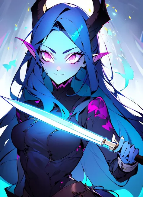 ((best quality)), ((highly detailed)), masterpiece, absurdres, extremely detailed face, beautiful face, (detailed eyes, deep eyes), (1girl), upper body, <lora:Tiefling_v1:1>, tiefling, dungeons and dragons, long hair, blue hair, pink eyes, ((glowing eyes)), horns, pointy ears, medium breasts, smiling, , adventurer, (assassin, holding knife, holding dagger):1.3, (inside, in a court room), <lora:incógnita_V1:.8>, AGGA_ST035