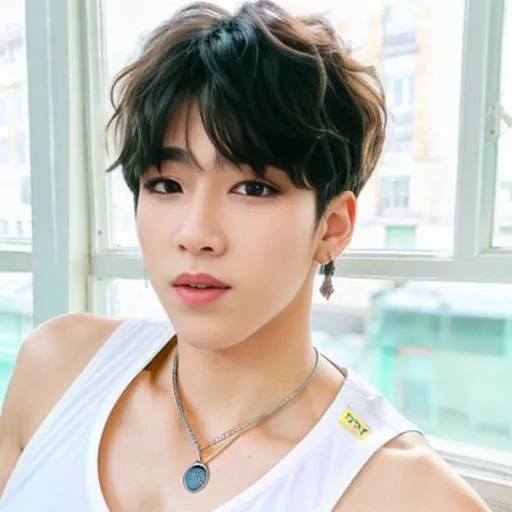 RAW photo , (high detailed skin:1.2), 8k uhd, dslr, soft lighting, high quality, <lora:kPopBoy_v1:0.88>, (2 boys kissing:1.2), (ultra realistic), best quality, ultra high res, (small breasts: 1.2), (T-shirts:1), (eyes close:1.2), (short haircuts:0.2), bangs, asian, indoors, detailed face, black thigh highs, yellow eyes, short hair, detailed black hair, detailed eyes, ((detailed lips)), showing armpits, blurry window background, jewelry