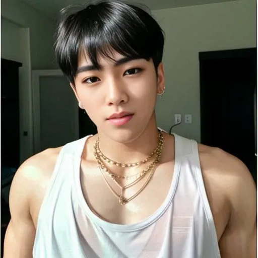 RAW photo , <lora:kPopBoy_v1:0.88>, asian boy wearing a tank top, homoerotic, (high detailed skin:1.2), full body, wide shot, 8k uhd, dslr, soft lighting, high quality, ultra realistic, best quality, ultra high res, bangs, indoors, detailed face, detailed black hair, detailed eyes, ((detailed lips)), showing armpits, jewelry
