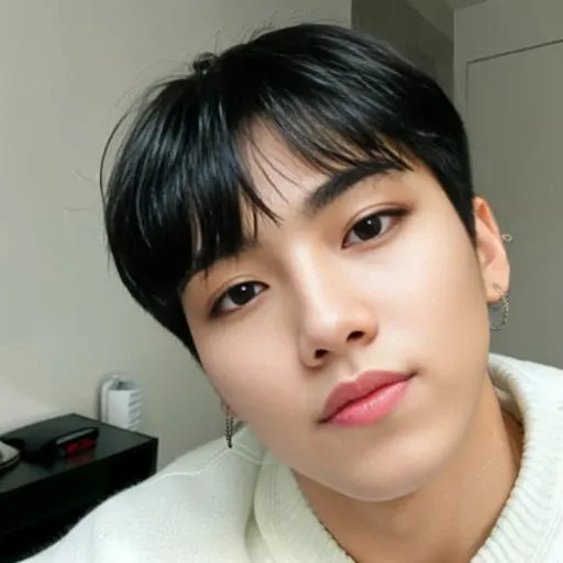 RAW photo , <lora:kPopBoy_v1:0.88>, homoerotic asian boy, (high detailed skin:1.2), 8k uhd, dslr, soft lighting, high quality, ultra realistic, best quality, ultra high res, bangs, indoors, detailed face, detailed black hair, detailed eyes, ((detailed lips)), showing armpits, jewelry