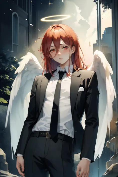 (masterpiece, best quality:1.2), cowboy shot, solo, male focus, 1boy, angeldevil, expressionless, looking at viewer, halo, suit, black jacket, black necktie, black pants, angel wings <lora:csm_angeldevil:1.0>