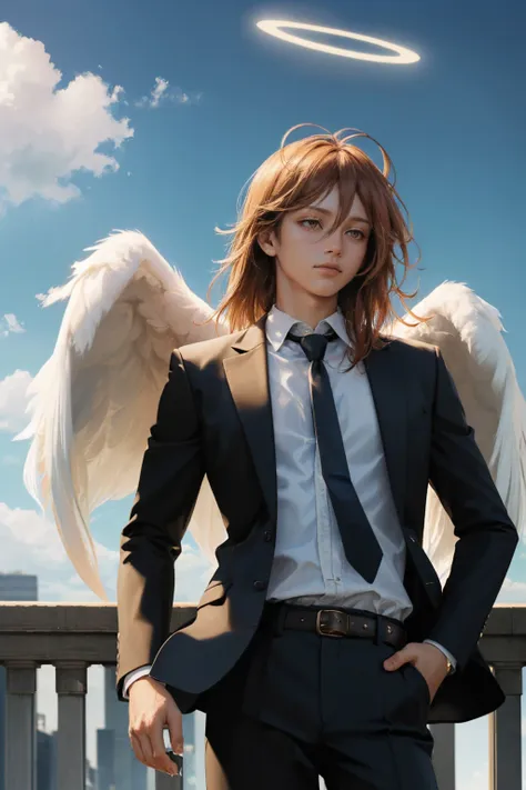 (masterpiece, best quality:1.2), cowboy shot, solo, male focus, 1boy, angeldevil, expressionless, looking away, halo, suit, black jacket, black necktie, black pants, angel wings, blue sky, clouds <lora:csm_angeldevil:1.0>