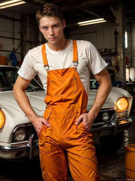 (photo realistic:1.5), wide angle, long shot, (young male:1.5), (20-25 years old), (front view:1.25), (blue eyes:1.2), (crop brown hair:1.2), (slender physique:1.2), (facing viewer:1.2), (kneeing:1.2), (hands behind back:1.2), lewd, smirk, boredom, wearing (orange:1.5) mechanicoveralls, white sneakers, big bulge, (base cap:1.4), car repair shop,
(extremely intricate:1.2), (exquisitely detailed skin), soft lighting, soft colors, mystery, atmospheric, ultra high res, 8k uhd, intricate details, best face, best eyes, best hands, best quality, delicate, detailed face, detailed eyes, masterpiece, film grain
<lora:muscle_slider_v1:-1> <lora:Male Bulge:0.4> <lora:add_detail:0.75> <lora:Clothing - Sexy Mechanic Overalls:0.5>