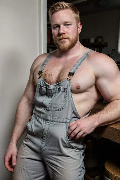 Photo, photorealistic, sharp lens, (mustache:0.8), mechanicoveralls, naked overalls, blonde hair, extremely hairy, beefy dadbod, (pudgy:0.7), pale skin, sly, dimples <epicphoto_pos>