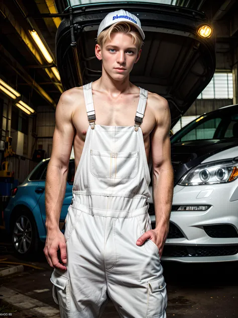 (photo realistic:1.5), wide angle, long shot, (young male:1.5), (20-25 years old), (front view:1.25), (blue eyes:1.2), (crop blonde hair:1.2), (slender physique:1.2), (facing viewer:1.2), (standing:1.2), (hands behind back:1.2), lewd, smirk, boredom, wearing (white:1.5) mechanicoveralls, white sneakers, big bulge, (base cap:1.4), car repair shop,
(extremely intricate:1.2), (exquisitely detailed skin), soft lighting, soft colors, mystery, atmospheric, ultra high res, 8k uhd, intricate details, best face, best eyes, best hands, best quality, delicate, detailed face, detailed eyes, masterpiece, film grain
<lora:muscle_slider_v1:-1> <lora:Male Bulge:0.4> <lora:add_detail:0.75> <lora:Clothing - Sexy Mechanic Overalls:0.5>