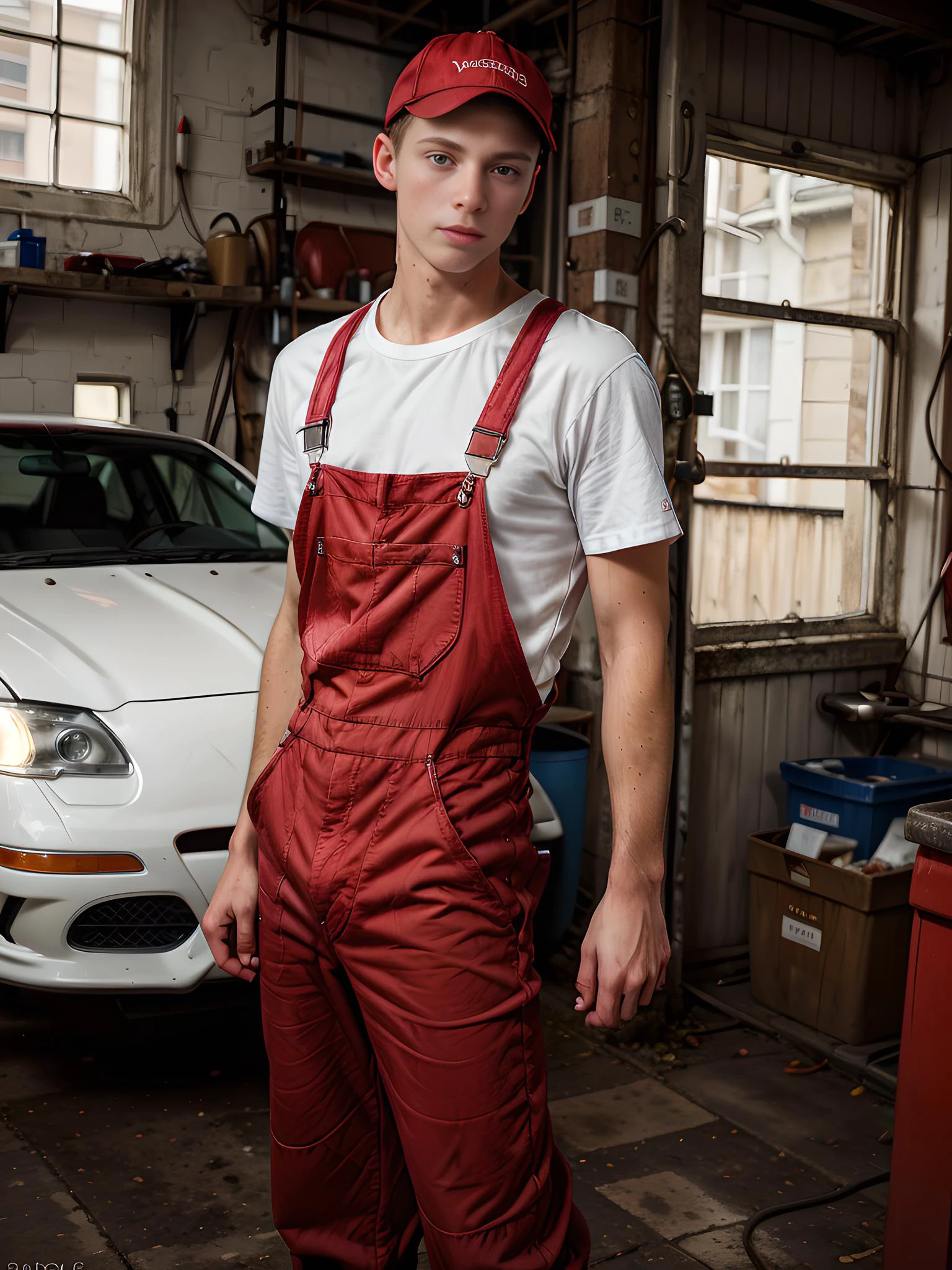 (photo realistic:1.5), wide angle, long shot, (young male:1.5), (20-25 years old), (front view:1.25), (blue eyes:1.2), (crop brown hair:1.2), (slender physique:1.2), (facing viewer:1.2), (standing:1.2), (hands behind back:1.2), lewd, smirk, boredom, wearing (red:1.5) mechanicoveralls, white sneakers, big bulge, (base cap:1.4), car repair shop,
(extremely intricate:1.2), (exquisitely detailed skin), soft lighting, soft colors, mystery, atmospheric, ultra high res, 8k uhd, intricate details, best face, best eyes, best hands, best quality, delicate, detailed face, detailed eyes, masterpiece, film grain
<lora:muscle_slider_v1:-1> <lora:Male Bulge:0.4> <lora:add_detail:0.75> <lora:Clothing - Sexy Mechanic Overalls:0.5>