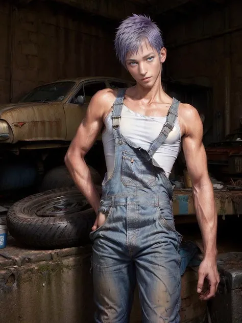(young male:2), (20-25 years old), (front view:1.25), (blue eyes:1.2), (crop hair:1.2), (slender physique:1.2), wearing an overall, white t-shirt, mechanicoveralls, lewd, smirk, visible bulge, oily clothes, car workshop, garage, old cars and tires in the background, tools lying around
<lora:add_detail:1> <lora:muscle_slider_v1:-0.5> <lora:Clothing - Sexy Mechanic Overalls:0.75>