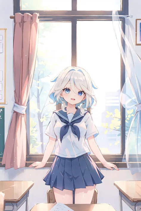 1girl, furina \(genshin impact\) school uniform, serafuku, cowboy shot, backlighting, sunbeam, sunset, classroom, indoors, window, light smile, blush, looking at viewer, facing viewer, masterpiece