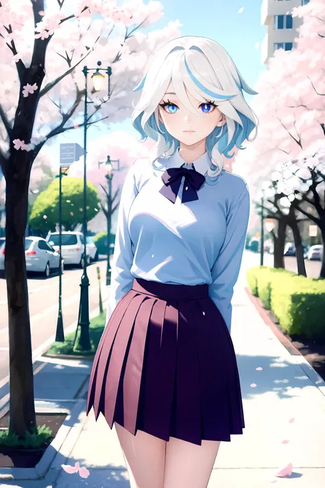 1girl, focalors \(genshin impact\) solo, school uniform, white shirt, sweater, pleated skirt, pantyhose, light smile, looking at viewer, outdoors, street, cherry blossoms, petals, depth of field, masterpiece