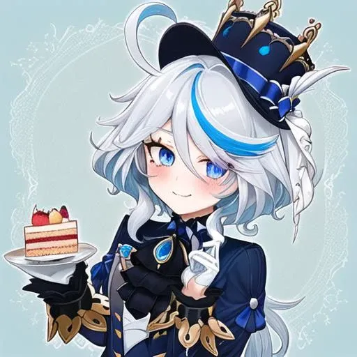 furina,1girl,blue eyes,blue hair,white hair,streaked hair,gloves,hat,blue eyes,white gloves,blue headwear,ahoge,black gloves,streaked hair,long sleeves,ascot,jewelry,brooch,black headwear,frills,finger heart,food,blonde hair,fruit,one eye closed,heart,heart hands,teacup,1girl,smile,gloves,short hair,cup,white gloves,cake,solo,teapot,looking at viewer,blush,book,apple,dress,puffy short sleeves,puffy sleeves,bangs,<lora:furina-focalors-v2e1x:1>,