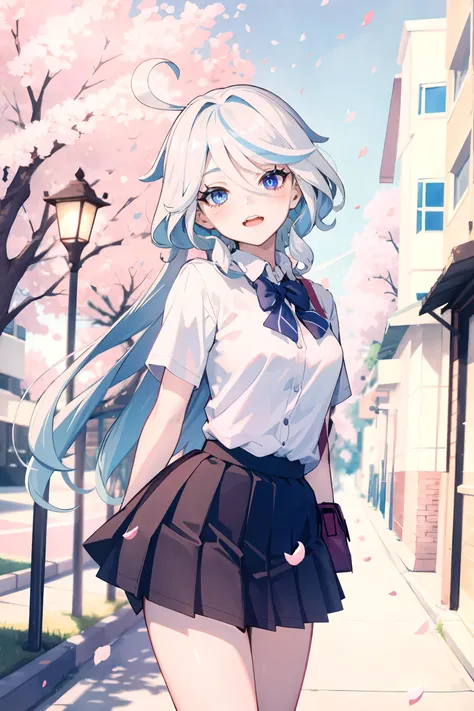 1girl, focalors \(genshin impact\) solo, school uniform, white shirt, sweater, pleated skirt, pantyhose, light smile, double v, looking at viewer, smile, open mouth, outdoors, street, cherry blossoms, petals, depth of field, masterpiece