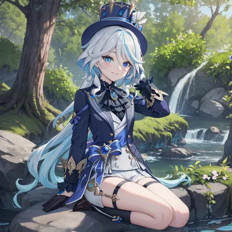 <lora:Char-Genshin-Furina-v2:0.8> furina \(genshin impact\), heterochromia, top hat, short shorts, mismatched gloves, thigh strap, blue jacket, ascot, high heels, frilled socks, waist cape, smile, looking at viewer, close up, alone, sitting on a rock near a tree