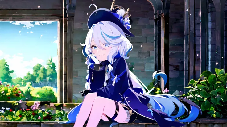 (1girl solo:1.2), furina \(genshin impact\), mismatched gloves, top hat, blue jacket, short shorts, thigh strap, waist cape, looking at viewer, smug, naughty face, cowboy shot, theater, indoors,
(full body:1.2),  <lora:Char-Genshin-Furina:1.0>,<lora:BArtstyleV7-EXP:0.7>
resting,Sitting on edge pose,
(0 0:1.2),(garden:1.2),, masterpiece, best quality, (Highest picture quality), (Master's work), (Detailed eye description), (8K wallpaper),(De-tailed face description), colorful,