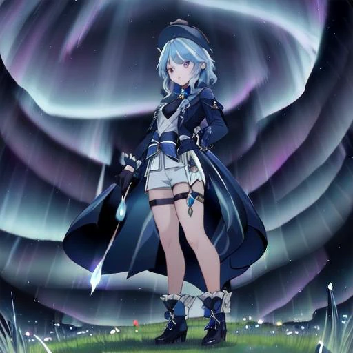 <lora:Char-Genshin-Furina-v2:0.8> 1girl, furina \(genshin impact\), heterochromia, mismatched gloves, top hat, blue jacket, short shorts, thigh strap, high heels, frilled socks, waist cape, (standing in grass:1.4), (dark blue aurora sky:1.5), looking at the camera, posing, (beautiful lightning:1.2)