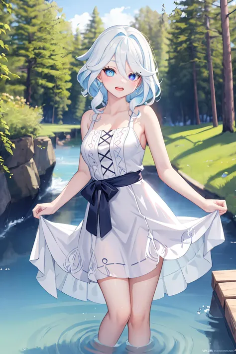 1girl, furina \(genshin impact\), heterochromia,  (sundress, white dress, sleeveless dress:1.2), bare legs, stream, wading, (skirt hold, curtsey: 1.2), looking at viewer, laughing, forest, depth of field, (extremely detailed CG unity 8k wallpaper,masterpiece, best quality, ultra-detailed, beautiful detailed eyes:1.2)