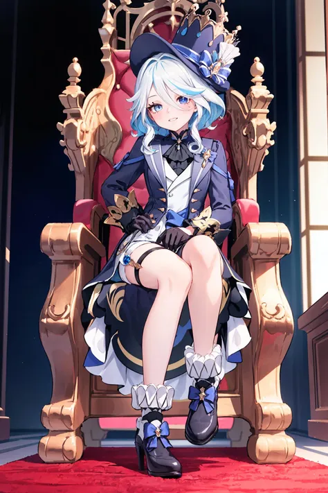 1girl, furina \(genshin impact\), heterochromia, mismatched gloves, top hat, blue jacket, short shorts, thigh strap, high heels, frilled socks, waist cape, looking at viewer, sitting, smirk, throne, indoors