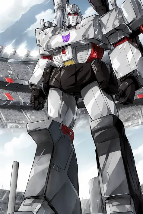 <lora:Megatron:1> very tall Megatron in a stadium, sharp red eyes, high detail, sharp focus, photorealistic, hdr, fine lines