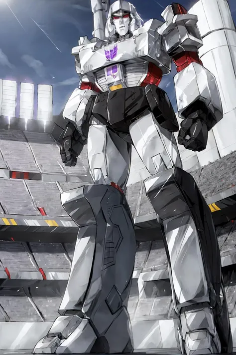 <lora:Megatron:1> very tall Megatron in a stadium, sharp red eyes, high detail, sharp focus, photorealistic, hdr, fine lines