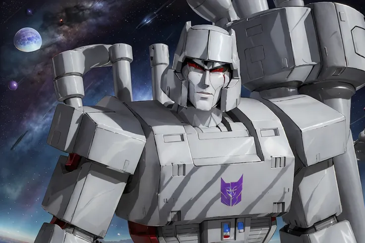 <lora:Megatron:.8> very tall Megatron in space standing on a metallic planet, sharp red eyes, detailed face, high detail, sharp focus, photorealistic, hdr, fine lines