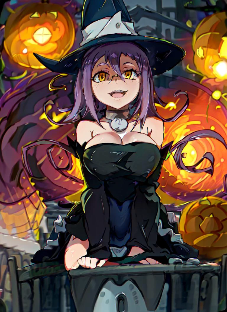 ((best quality)), ((highly detailed)), masterpiece, (detailed eyes, deep eyes), (1girl), (glasses), <lora:giantessConcept_20:1>, GTS, giantess, full body, from below, city, skyscraper, building, destruction, rubble, fire, burning buildings, explosions, upper body, <lora:blairSoulEater_v20:.8>, Blair (Soul Eater), yellow eyes, long hair, purple hair, curls, large breasts, grin, paw pose, Blair's hat, witch hat, black dress, detached sleeves, thigh boots, neck bell, sitting on a giant jack-o'-lantern, (at a village), <lora:EnvyBeautyMix47:1>