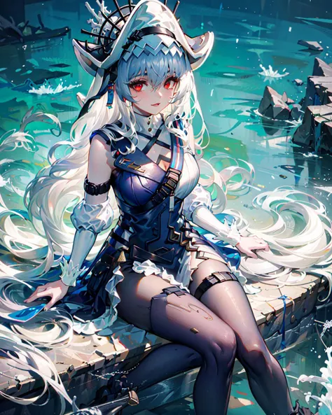masterpiece,best quality,ultra-detailed,very detailed illustrations,extremely detailed,intricate details,highres,super complex details,extremely detailed 8k cg wallpaper,cowboy shot, caustics,reflection,tracing, (1girl:1.4),solo,alone, headgear, long hair,hair, hair between eyes, multicolored hair, colored inner hair, red eyes,glowing eye,eye trail, random expressions,sitting,ocean, <lyco:GoodHands-beta2:1.0>,full body, cetus,coda,ocean,coralcoast,cowboy shot, sitting,