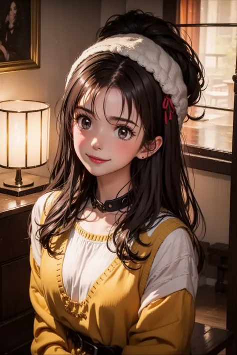 high-definition image, (((round face))), eyes realistic sizing, realistic skin, drooping eyes, smiling, (ecstasy face when she doing self pleasure by pinching areolas from over clothes), ((various patterned feminine casual long dress)), (strong sunlight, old fashion), skyscrapers, hair up, tiny earrings,