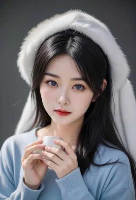 super cute asain girl with blue eye and black hair, dark theme