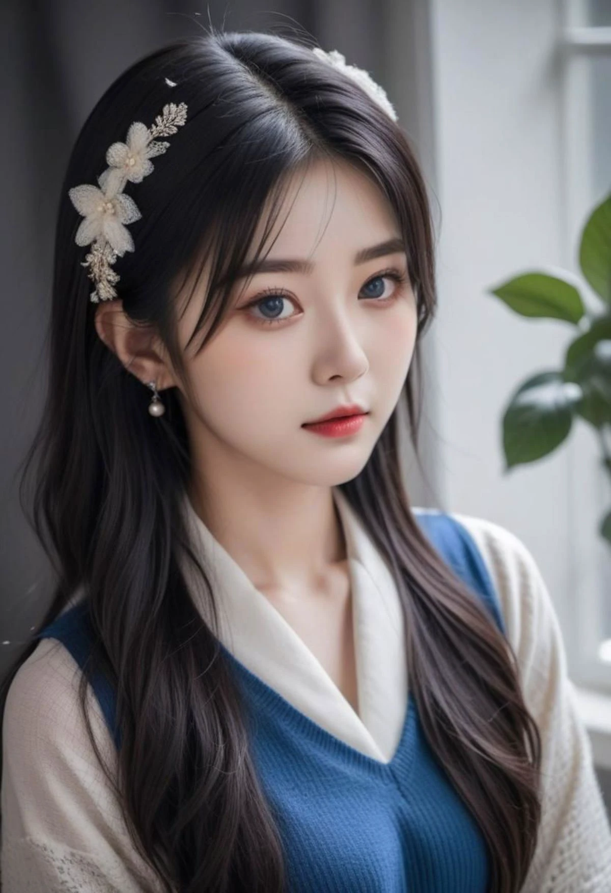 super cute asain girl with blue eye and black hair, dark theme