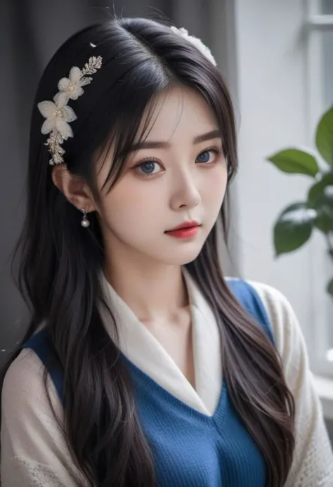 super cute asain girl with blue eye and black hair, dark theme