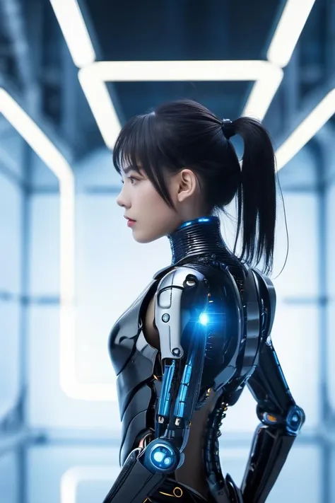 cyborg style, 1girl, solo, black hair, blue eyes, cable, mechanical parts, spine, android, cyborg, science fiction, simple background, black background from behind, high quality, high resolution
1girl,(RAW photo:1.3),8k,best quality,ultra high res,beautiful,masterpiece,