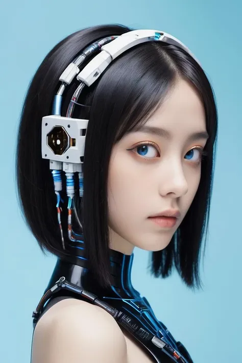 cyborg style, 1girl, solo, black hair, blue eyes, cable, mechanical parts, spine, android, cyborg, science fiction, simple background, black background from behind, high quality, high resolution,look at me,
1girl,(RAW photo:1.3),8k,best quality,ultra high res,beautiful,masterpiece,