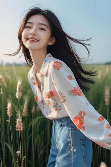 Ultra-high skin detail, Perfect facial details, black hair, big hair, clover hair ornament, mole under eye, light smile, (blue sky:1.3), A girl in a floral shirt and jeans dances in a tall patch of grass, The grass sways with the wind, Smile, Flowing hair, Baiyun, The sun shines on the hair, solo, (Long legs:1.2), Printed trousers, plump, head out of frame, projected inset, f/1.8, 135mm, Fujifilm, UHD, anatomically correct, textured skin, high details, award winning
1girl,(RAW photo:1.3),8k,best quality,ultra high res,beautiful,masterpiece,