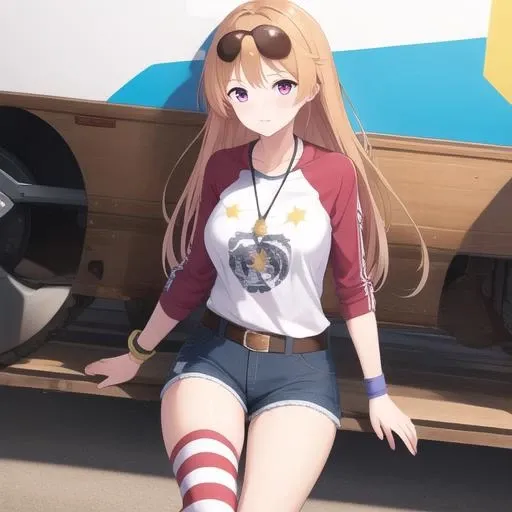 (masterpiece, best quality:1.2),illustration,8k,hd,lady,1girl,solo,cowboy shot,columbia (azur lane),medium breasts,bandaid on knee,blonde hair,belt,shorts,blue shorts,brown belt,asymmetrical legwear,dog tags,eyebrows,eyebrows visible through hair,eyewear on head,headphones around neck,horizontal-striped legwear,horizontal stripes,long hair,pink eyes,raglan sleeves,print shirt,rudder shoes,star print,striped,striped legwear,sunglasses,white footwear,wristband,<lora:Columbia(azur)>,