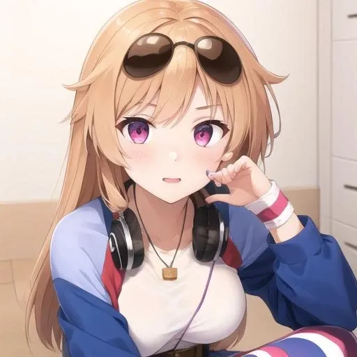 (masterpiece, best quality:1.2),illustration,8k,hd,lady,1girl,solo,upper body,(portrait:1.2),columbia (azur lane),medium breasts,bandaid on knee,blonde hair,belt,shorts,blue shorts,brown belt,asymmetrical legwear,dog tags,eyebrows,eyebrows visible through hair,eyewear on head,headphones around neck,horizontal-striped legwear,horizontal stripes,long hair,pink eyes,raglan sleeves,print shirt,rudder shoes,star print,striped,striped legwear,sunglasses,white footwear,wristband,<lora:Columbia(azur)>,