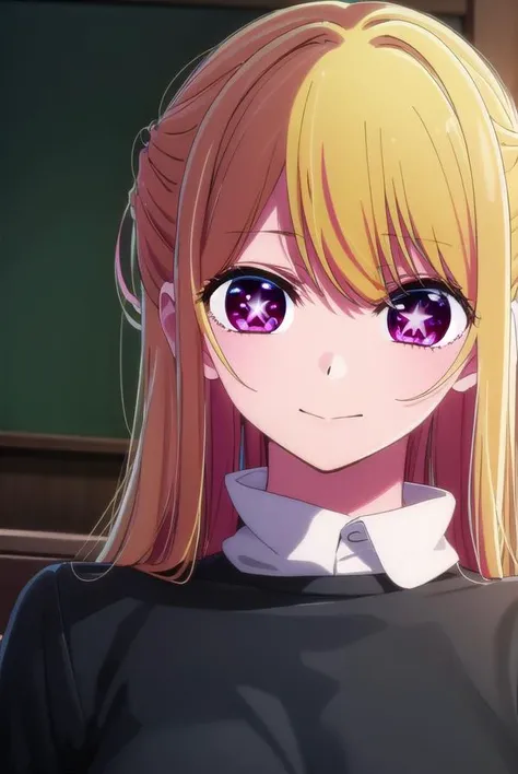 rubyhoshino, <lora:ruby hoshino s1-lora-nochekaiser:1>,
ruby hoshino, long hair, bangs, blonde hair, (pink eyes:1.3), sidelocks, (symbol-shaped pupils:1.5), multicolored hair, two-tone hair, smile,
BREAK shirt, long sleeves, sweater, clothes writing, yellow shirt,
BREAK indoors, classroom,
BREAK looking at viewer, (cowboy shot:1.5),
BREAK <lyco:GoodHands-beta2:1>, (masterpiece:1.2), best quality, high resolution, unity 8k wallpaper, (illustration:0.8), (beautiful detailed eyes:1.6), extremely detailed face, perfect lighting, extremely detailed CG, (perfect hands, perfect anatomy),
