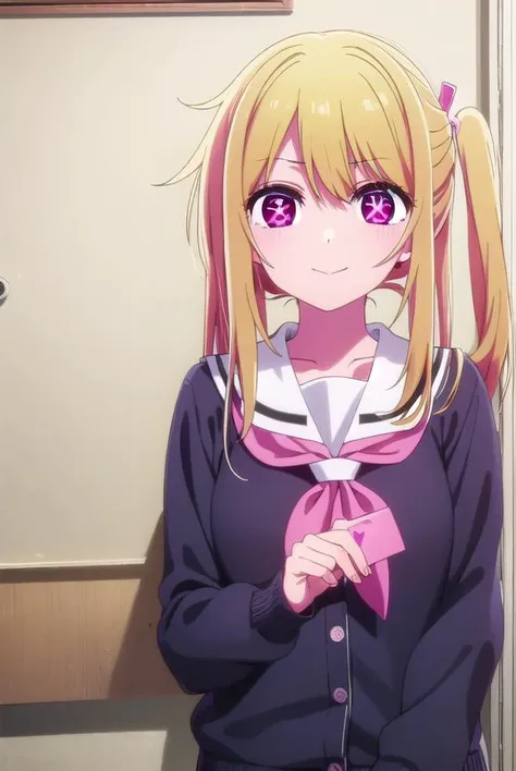 rubyhoshino, <lora:ruby hoshino s1-lora-nochekaiser:1>,
ruby hoshino, long hair, bangs, blonde hair, (pink eyes:1.3), sidelocks, side ponytail, (symbol-shaped pupils:1.5), smile,
BREAK long sleeves, school uniform, serafuku, sailor collar, neckerchief, cardigan, red neckerchief, white sailor collar,
BREAK indoors, classroom,
BREAK looking at viewer, (cowboy shot:1.5),
BREAK <lyco:GoodHands-beta2:1>, (masterpiece:1.2), best quality, high resolution, unity 8k wallpaper, (illustration:0.8), (beautiful detailed eyes:1.6), extremely detailed face, perfect lighting, extremely detailed CG, (perfect hands, perfect anatomy),