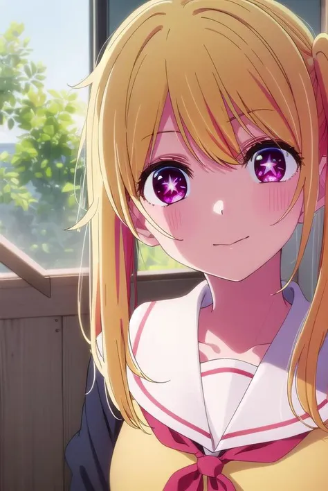 rubyhoshino, <lora:ruby hoshino s1-lora-nochekaiser:1>,
ruby hoshino, long hair, bangs, blonde hair, (pink eyes:1.3), sidelocks, (symbol-shaped pupils:1.5), multicolored hair, two-tone hair, smile,
BREAK side ponytail, long sleeves, school uniform, serafuku, sailor collar, neckerchief, cardigan, red neckerchief, white sailor collar,
BREAK indoors, classroom,
BREAK looking at viewer, (cowboy shot:1.5),
BREAK <lyco:GoodHands-beta2:1>, (masterpiece:1.2), best quality, high resolution, unity 8k wallpaper, (illustration:0.8), (beautiful detailed eyes:1.6), extremely detailed face, perfect lighting, extremely detailed CG, (perfect hands, perfect anatomy),