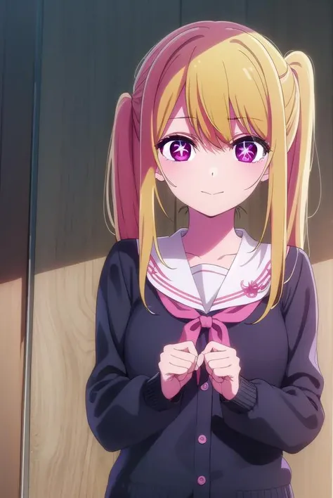 rubyhoshino, <lora:ruby hoshino s1-lora-nochekaiser:1>,
ruby hoshino, long hair, bangs, blonde hair, (pink eyes:1.3), sidelocks, (symbol-shaped pupils:1.5), multicolored hair, two-tone hair, smile,
BREAK side ponytail, long sleeves, school uniform, serafuku, sailor collar, neckerchief, cardigan, red neckerchief, white sailor collar,
BREAK indoors, classroom,
BREAK looking at viewer, (cowboy shot:1.5),
BREAK <lyco:GoodHands-beta2:1>, (masterpiece:1.2), best quality, high resolution, unity 8k wallpaper, (illustration:0.8), (beautiful detailed eyes:1.6), extremely detailed face, perfect lighting, extremely detailed CG, (perfect hands, perfect anatomy),
