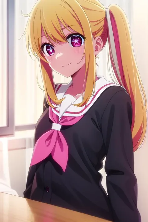 rubyhoshino, <lora:ruby hoshino s1-lora-nochekaiser:1>,
ruby hoshino, long hair, bangs, blonde hair, (pink eyes:1.3), sidelocks, (symbol-shaped pupils:1.5), multicolored hair, two-tone hair, smile,
BREAK side ponytail, long sleeves, school uniform, serafuku, sailor collar, neckerchief, cardigan, red neckerchief, white sailor collar,
BREAK indoors, classroom,
BREAK looking at viewer, (cowboy shot:1.5),
BREAK <lyco:GoodHands-beta2:1>, (masterpiece:1.2), best quality, high resolution, unity 8k wallpaper, (illustration:0.8), (beautiful detailed eyes:1.6), extremely detailed face, perfect lighting, extremely detailed CG, (perfect hands, perfect anatomy),