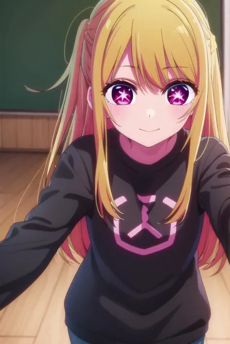 rubyhoshino, <lora:ruby hoshino s1-lora-nochekaiser:1>,
ruby hoshino, long hair, bangs, blonde hair, (pink eyes:1.3), sidelocks, (symbol-shaped pupils:1.5), multicolored hair, two-tone hair, smile,
BREAK shirt, long sleeves, sweater, clothes writing, yellow shirt,
BREAK indoors, classroom,
BREAK looking at viewer, (cowboy shot:1.5),
BREAK <lyco:GoodHands-beta2:1>, (masterpiece:1.2), best quality, high resolution, unity 8k wallpaper, (illustration:0.8), (beautiful detailed eyes:1.6), extremely detailed face, perfect lighting, extremely detailed CG, (perfect hands, perfect anatomy),