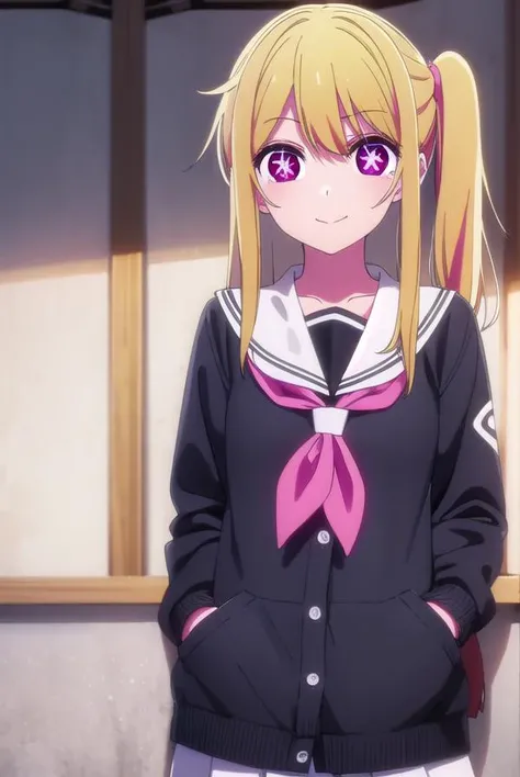 rubyhoshino, <lora:ruby hoshino s1-lora-nochekaiser:1>,
ruby hoshino, long hair, bangs, blonde hair, (pink eyes:1.3), sidelocks, (symbol-shaped pupils:1.5), multicolored hair, two-tone hair, smile,
BREAK side ponytail, long sleeves, school uniform, serafuku, sailor collar, neckerchief, cardigan, red neckerchief, white sailor collar,
BREAK indoors, classroom,
BREAK looking at viewer, (cowboy shot:1.5),
BREAK <lyco:GoodHands-beta2:1>, (masterpiece:1.2), best quality, high resolution, unity 8k wallpaper, (illustration:0.8), (beautiful detailed eyes:1.6), extremely detailed face, perfect lighting, extremely detailed CG, (perfect hands, perfect anatomy),