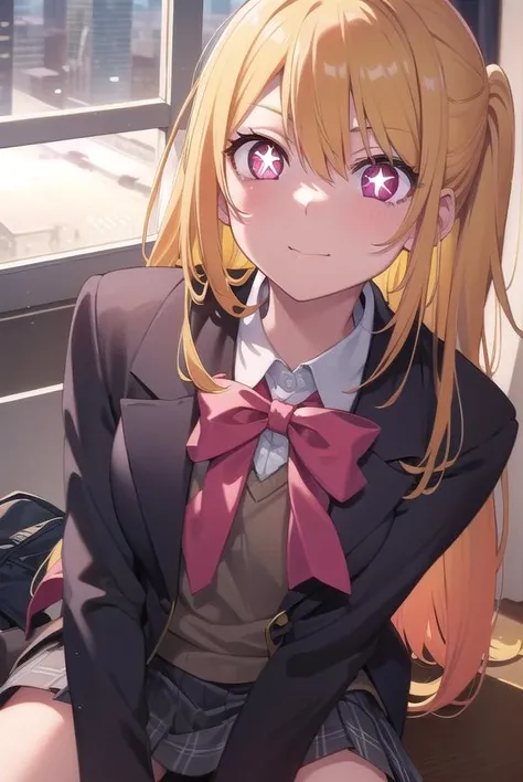 rubyhoshino, <lora:rubyhoshino-lora-nochekaiser:1>,
ruby hoshino, (yellow hair:1.5), long hair, one side up, (pink eyes:1.5), sidelocks, (star-shaped pupils:1.5), (symbol-shaped pupils:1.5), (mismatched pupils:1.5),
BREAK black vest, blue jacket, bow, bowtie, collared shirt, cropped jacket, jacket, kneehighs, long sleeves, pink bow, pink bowtie, pleated skirt, school uniform, shirt, skirt, socks, vest, white shirt, white socks, youtou high school uniform,
BREAK looking at viewer,
BREAK indoors, classroom,
BREAK <lyco:GoodHands-beta2:1>, (masterpiece:1.2), best quality, high resolution, unity 8k wallpaper, (illustration:0.8), (beautiful detailed eyes:1.6), extremely detailed face, perfect lighting, extremely detailed CG, (perfect hands, perfect anatomy),